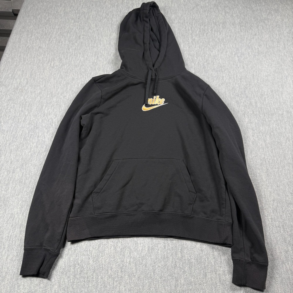Nike Hoodie Sweatshirt Womens M‎ Black Embroidered Gold Spellout Logo Pullover